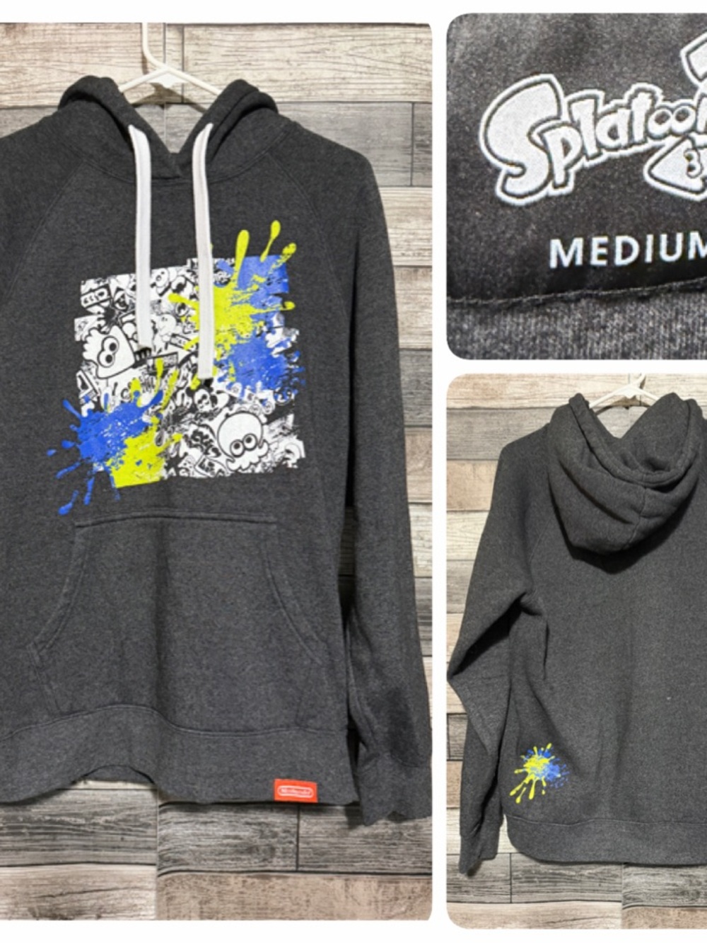 Nintendo Splatoon 3 Hoodie Size M Gray Pullover Fleece Embroidered Graphic Print